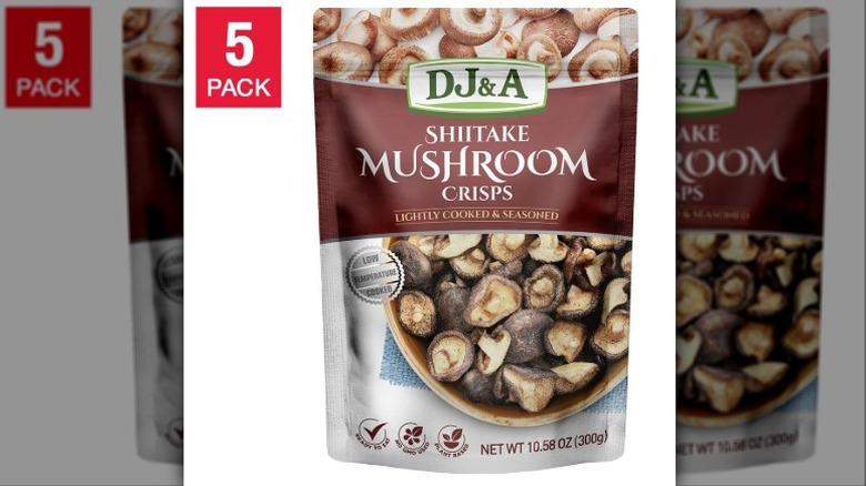 Close-up shot of a bag of DJ&A shiitake mushroom crisps against a white backdrop