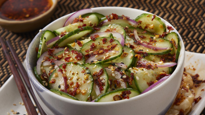 A close-up of an Asian-inspired cucumber salad