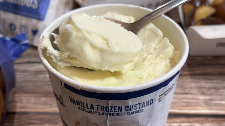 Pint of Culver's frozen custard with a spoon in it