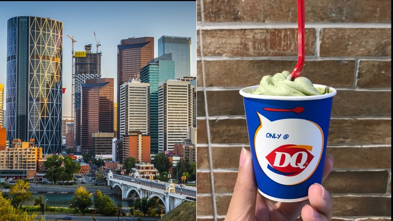 The Calgary skyline side by side with a Blizzard from Dairy Queen