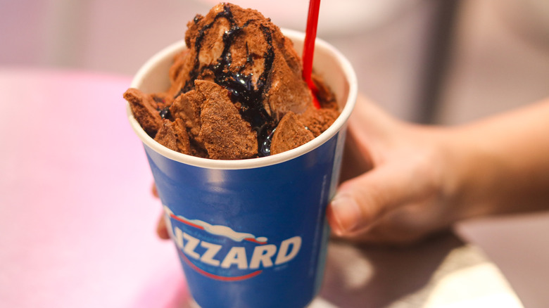 A hand holding a chocolate Blizzard