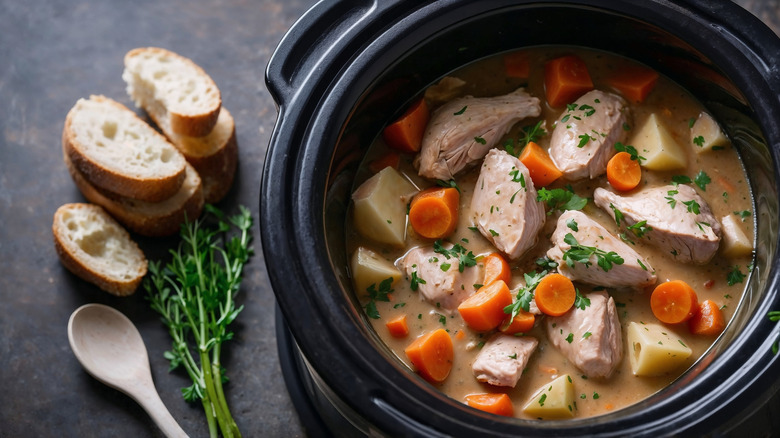 A slow cooker with a stew, with herbs, and bread slices on the side
