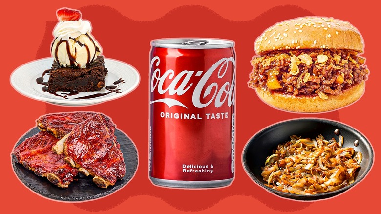 A composite image of a can of Coca-Cola along with other food items on a red background