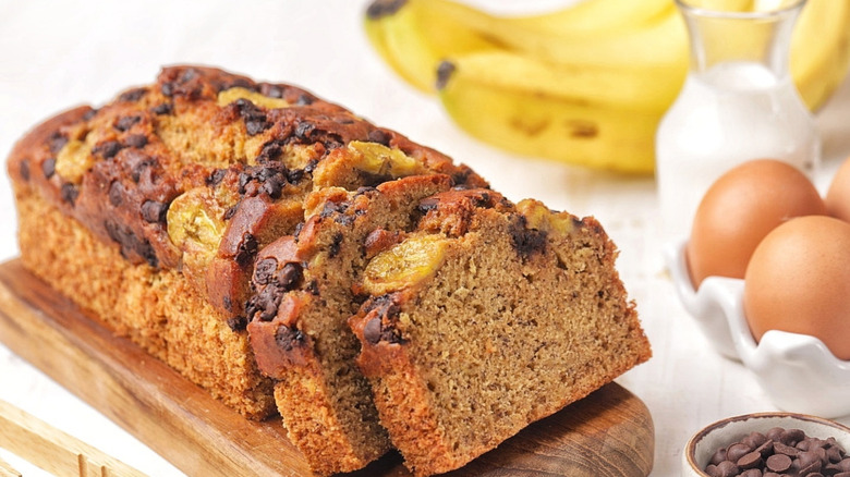 Sliced banana bread on a cutting board