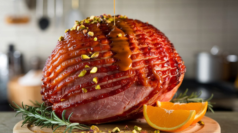 A partially sliced glazed ham on a plate