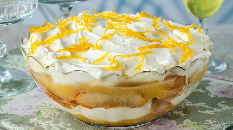 Lemon trifle in a glass bowl on a table