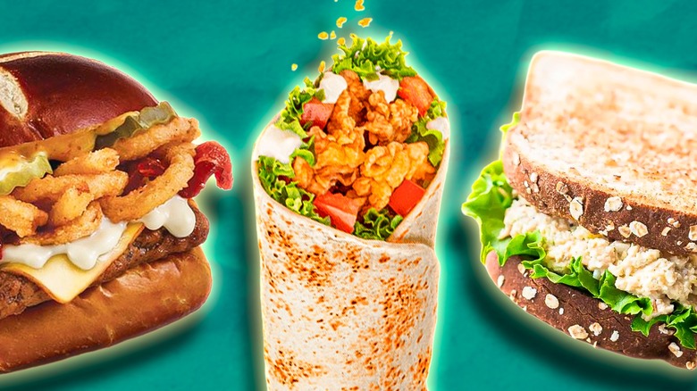 Images of a chicken sandwich on pretzel bun, a chicken lettuce wrap, and a chicken salad sandwich on whole grain bread