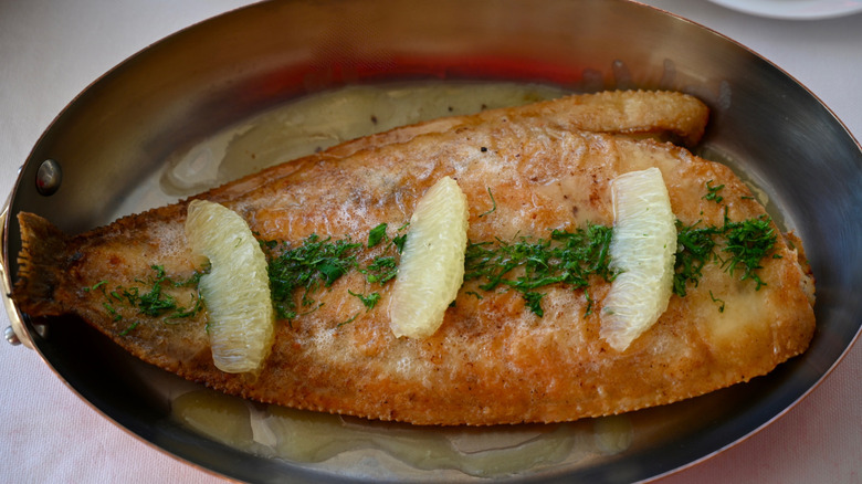 Large Dover sole in roasting pan