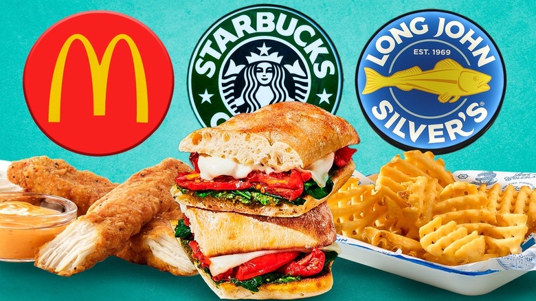 Chicken, sandwich, and waffle fries in front of McDonald's, Starbucks, and Long John Silver's logos