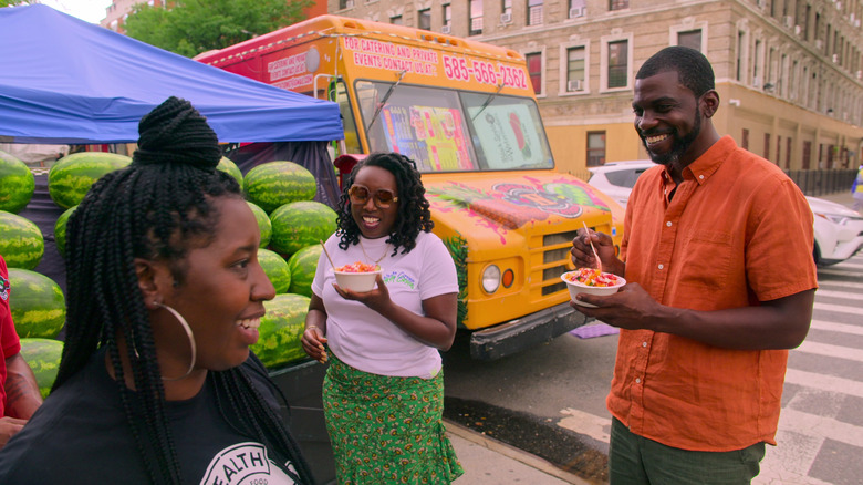 Kiana Miles, Cha McCoy, and Stephen Satterfield in 'High on the Hog: How African American Cuisine Transformed America'