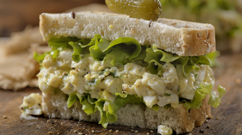 Close-up of half of an egg salad sandwich