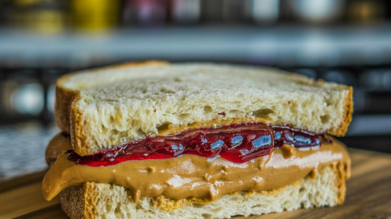 Close-up of half a peanut butter and jelly sandwich