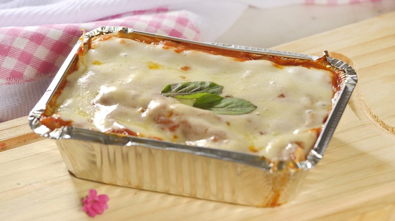 A store-bought lasagna in a foil tray