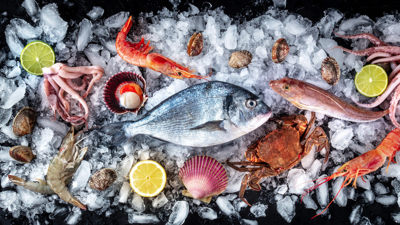 Raw fish and seafood on ice