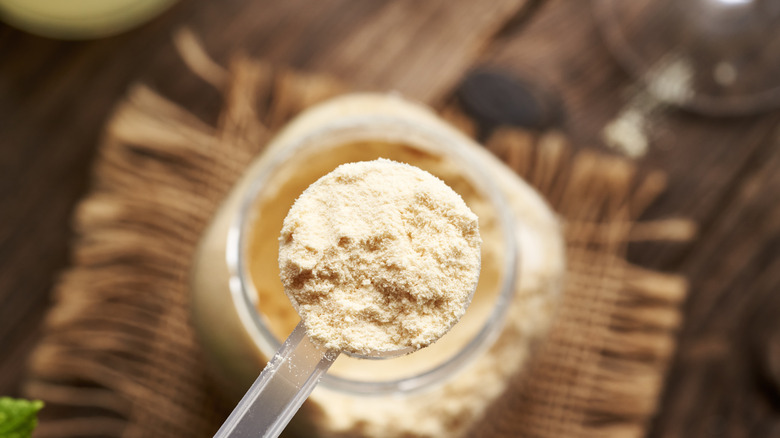 A scoop filled with protein powder above a jar of the powder