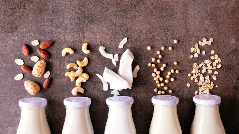 different types of milk with their sources above glass bottles