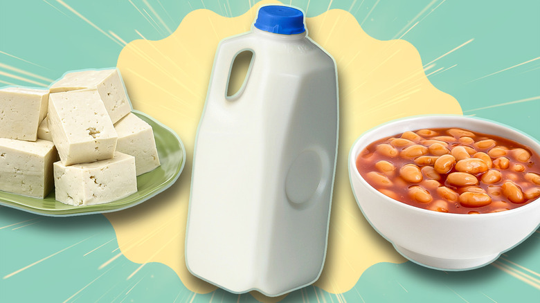 plate of tofu, container of milk, baked beans