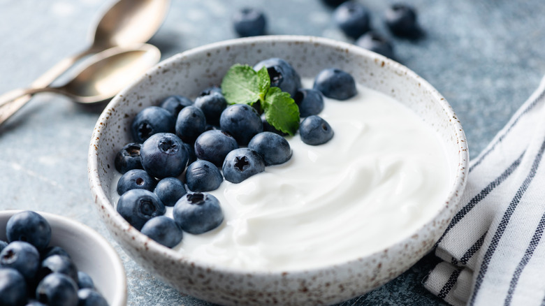 bowl of yogurt with blueberries on a gray stone surface with two spoons to the side