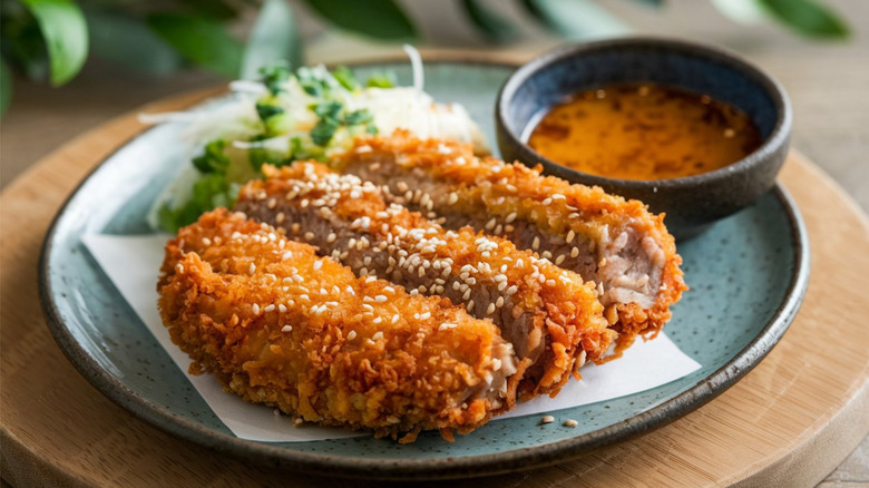 Menchi katsu Japanese deep-fried breaded patties filled with minced meat and onions with tonkatsu sauce.