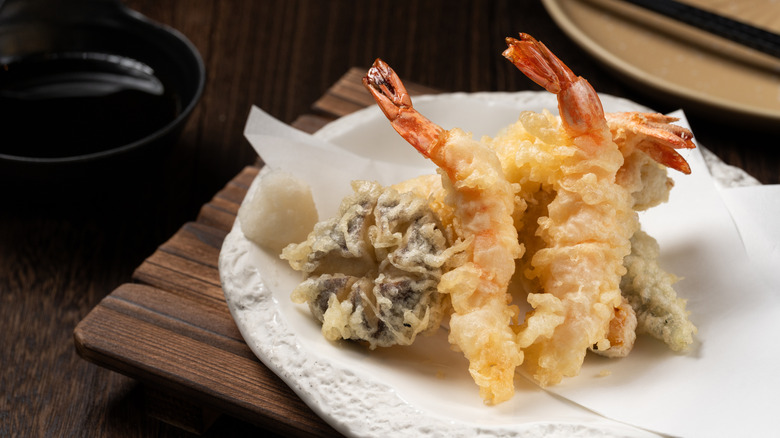Tempura fried shrimp on a white plate