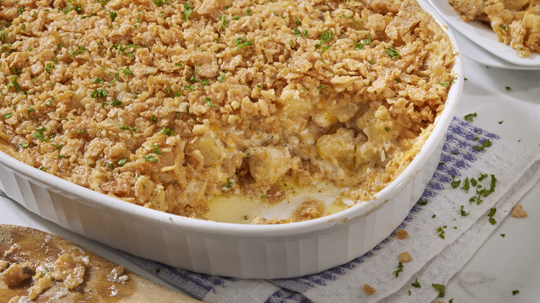 Funeral potatoes in a casserole dish