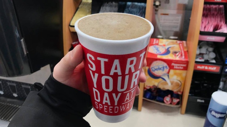 A cup of coffee from the gas station Speedway.
