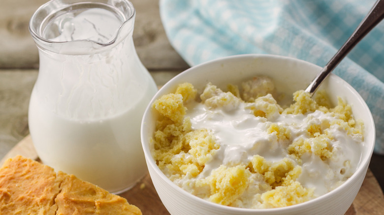 A bowl of crumbled cornbread and milk