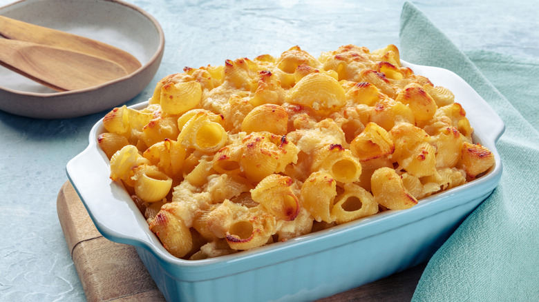 Homemade mac and cheese in a white baking dish