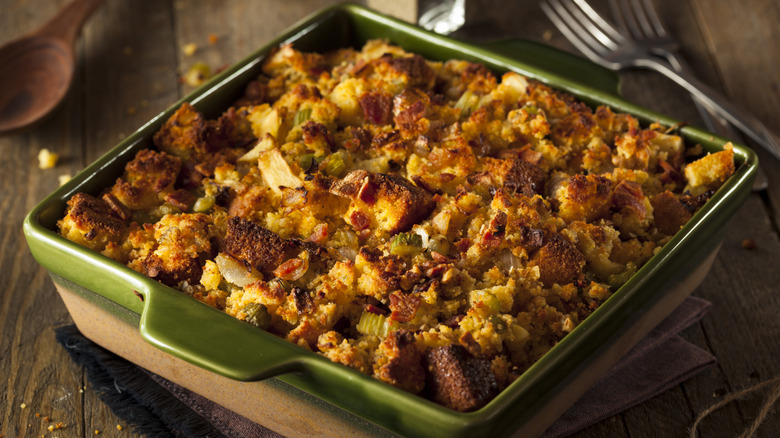 A baking dish of homemade cornbread stuffing