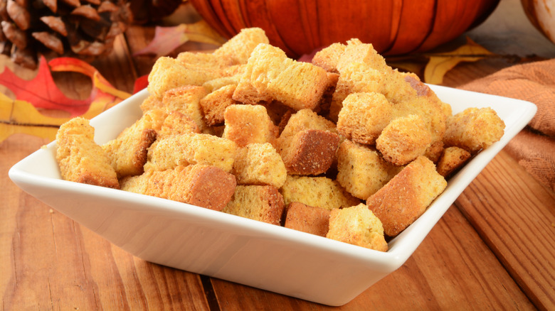 A bowl of cornbread croutons