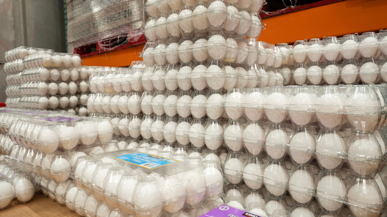 plastic packages of eggs in a Costco warehouse