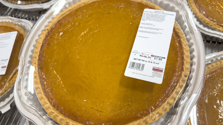 Costco pumpkin pie in plastic packaging