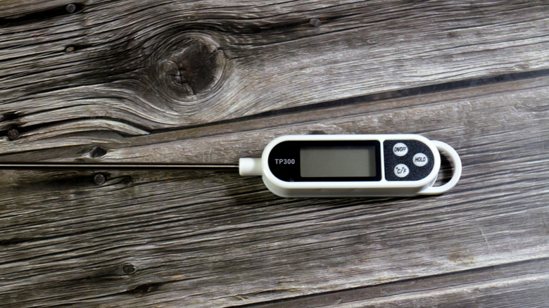 A digital meat thermometer with a long probe, features an instant-read display