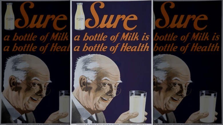 Old ad for milk with an illustration of an old man drinking milk, mirrored