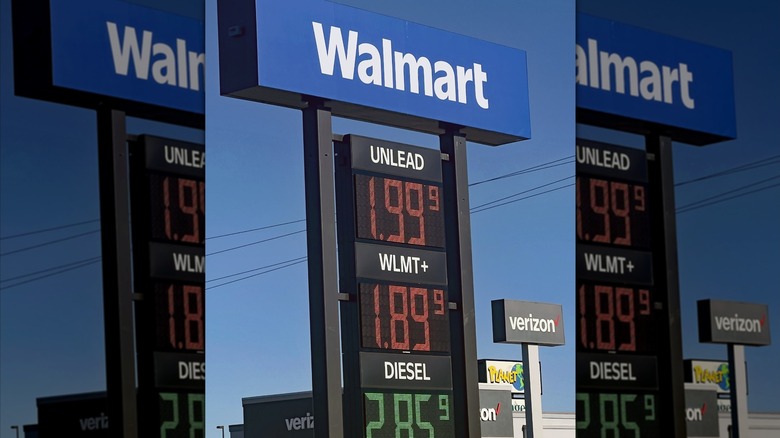 Sign for Walmart with gas prices underneath, mirrored