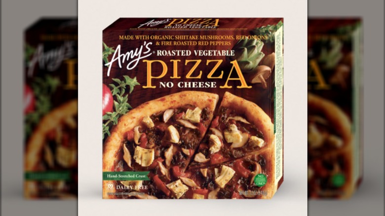 Amy's Roasted Vegetable Pizza box with image of pizza with roasted peppers, mushrooms, onions, and no cheese