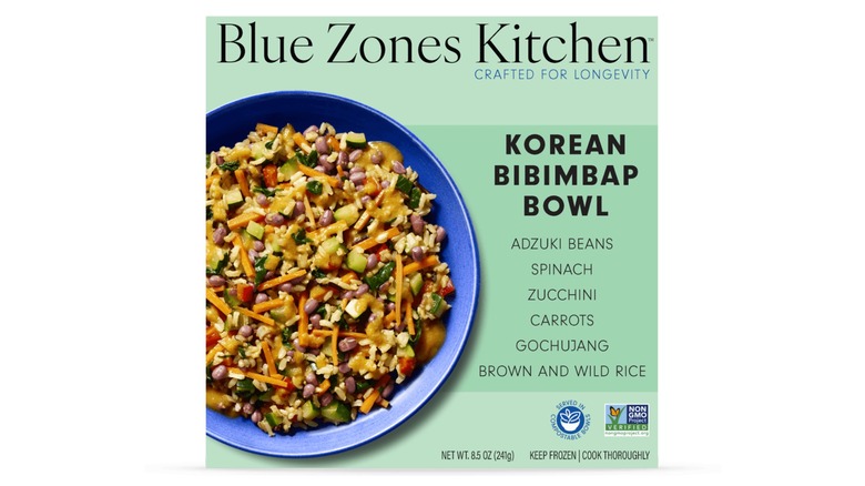 Blue Zones Kitchen Korean Bibimbap Bowl package with colorful bowl filled with vegetables and rice on front