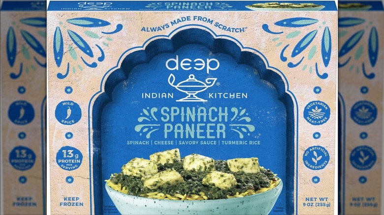 Deep Indian Kitchen Spinach Paneer package with bowl of paneer and spinach over turmeric rice