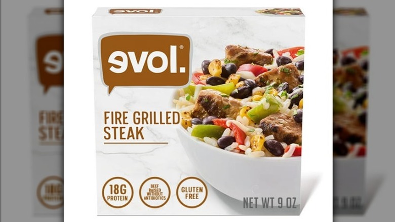 Evol Fire Grilled Steak Bowl package with photo of bowl with rice, steak, and vegetables on front