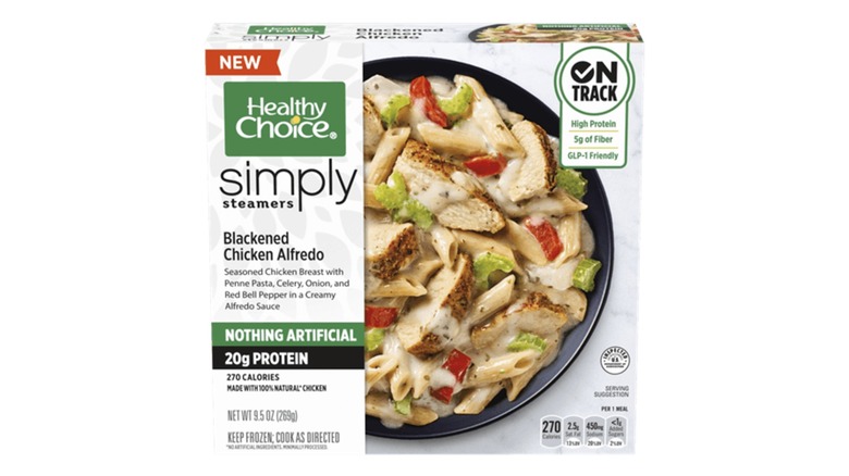 Healthy Choice Simply Steamers Blackened Chicken Alfredo package with photo of chicken breast with penne pasta and peppers