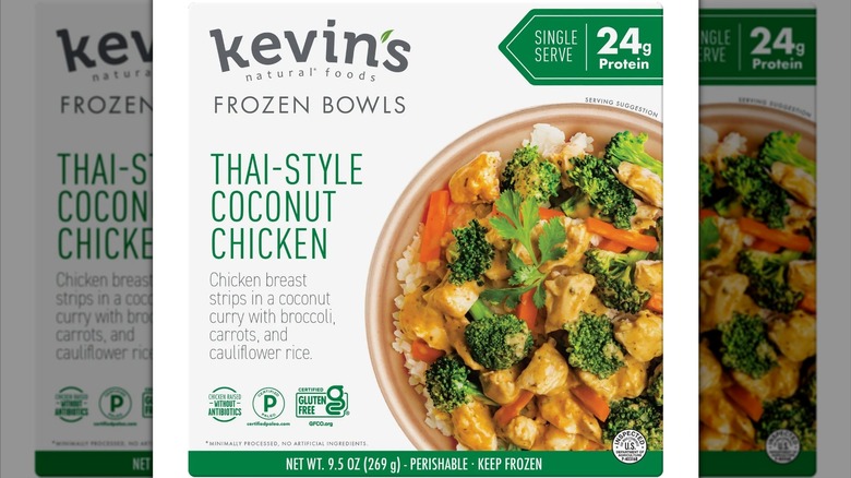 Kevin's Natural Foods Thai-Style Coconut Chicken Frozen Bowl package with photo of chicken in yellow curry sauce on front