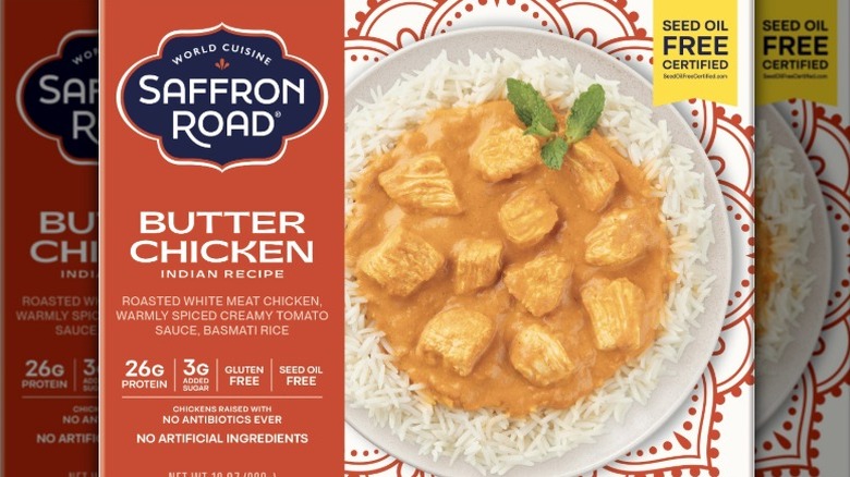 Saffron Road Butter Chicken package with photo of butter chicken over basmati rice