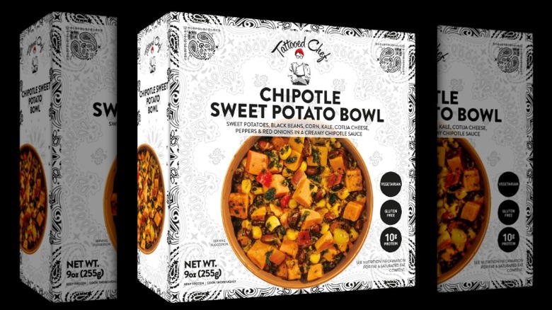 Tattooed Chef Chipotle Sweet Potato Bowl package with picture of bowl with beans, sweet potatoes, corn, and vegetables on front