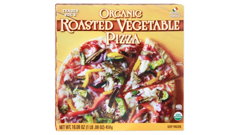 Trader Joe's Organic Roasted Vegetable Pizza package with photo of a vegetable pizza on the front