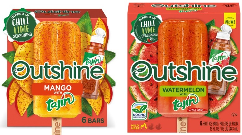 boxes of Outshine Frozen Fruit Mango Bars with Taj﻿﻿ín and Watermelon Bars with Taj﻿﻿ín
