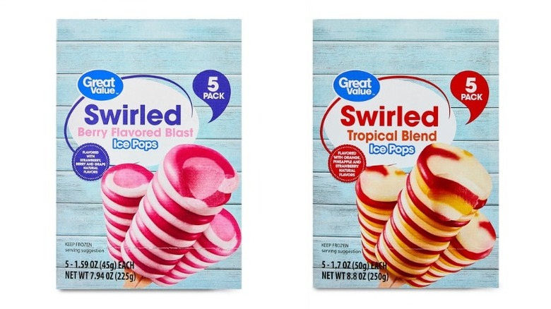 boxes of Great Value Berry Flavored Blend and Tropical Blend Swirled Ice Pops