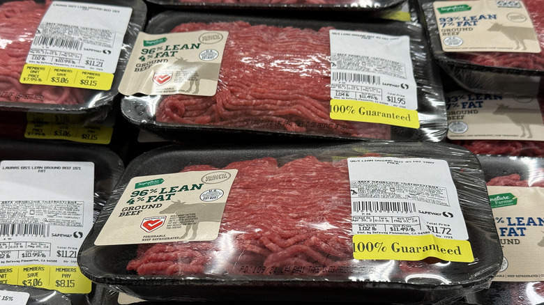 Packages of ground beef on display at a Safeway grocery store