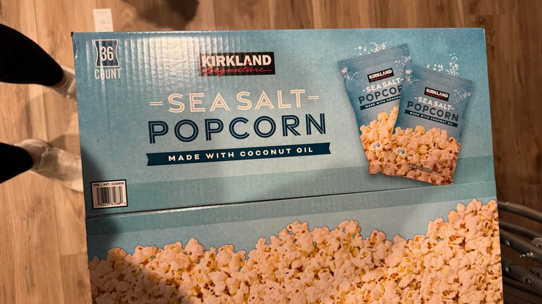 A big box of Costco Kirkland Signature Sea Salt Popcorn