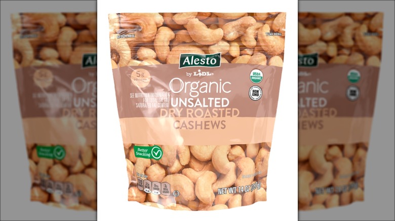 Package of Lidl Alesto Organic Unsalted Dry Roasted Cashews