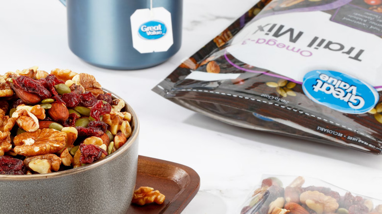 A bag and bowl of Great Value Omega-3 Trail Mix